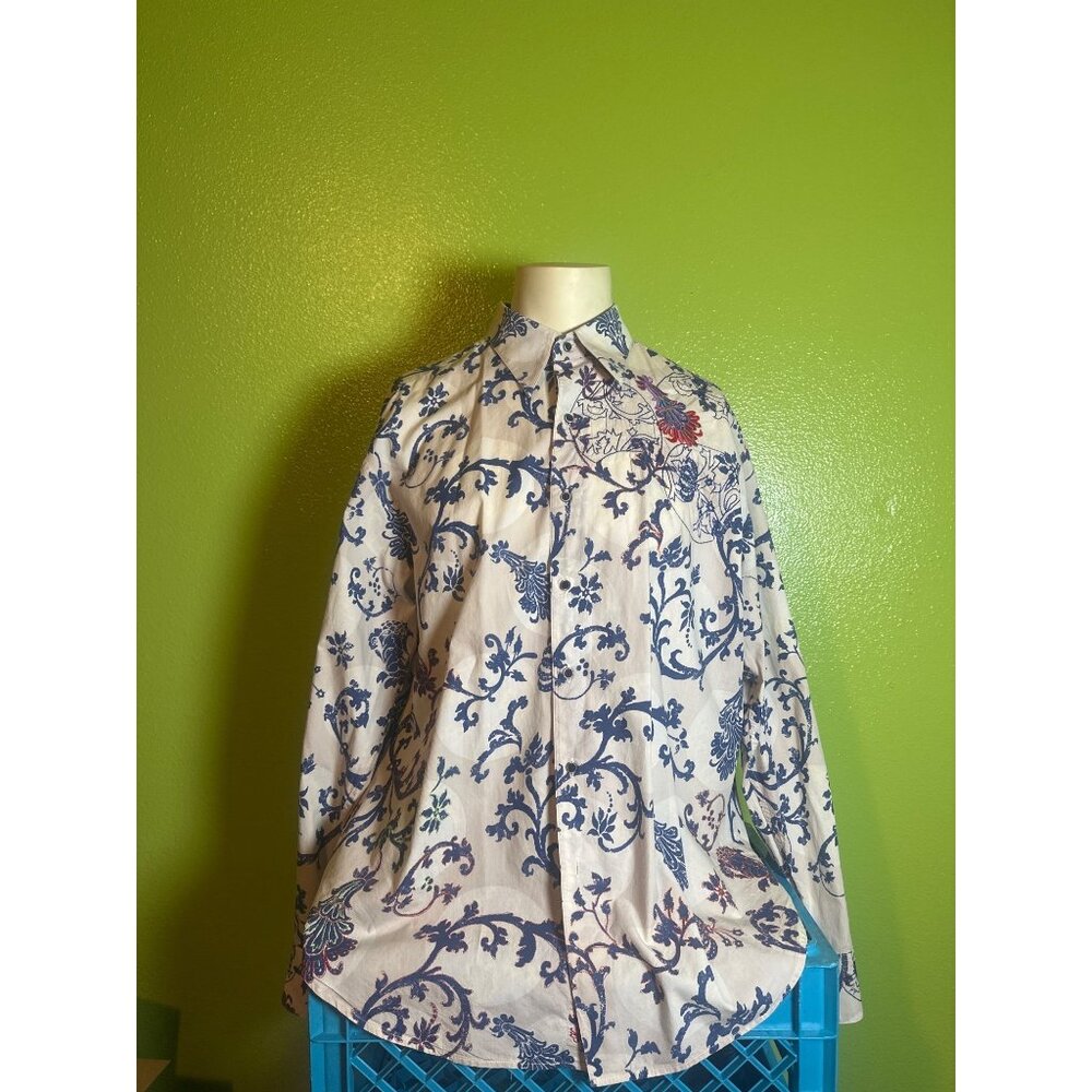 Mens Long-Sleeve Button-Up Shirt With Blue Floral Pattern & Embroidered Details